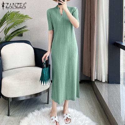 (จัดส่งฟรี)Fancystyle ZANZEA ชุดเดรสแม็กซี่เดรสยาวอัดพลีทคอวีแขนสั้นสำหรับผู้หญิงสไตล์เกาหลี #10