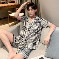 Korean Fashion Plus Size L-5XL Mens Silk Satin Pyjamas Set Male Home Wear Short Sleeve Sleepwear Pajama Nightwear Suit