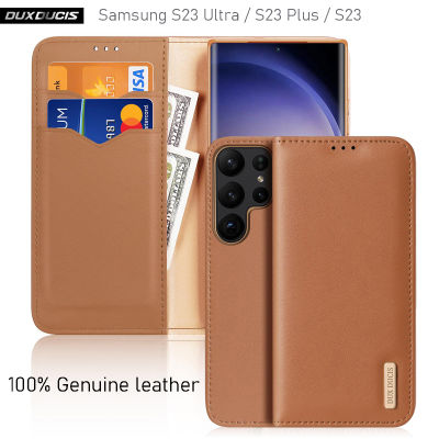DUX DUCIS เคสสำหรับ Samsung Galaxy S23 Ultra/S23 Plus/S23 100% หนังแท้ดั้งเดิมแฟชั่นฝาพับกระเป๋าสตางค์เคสกันกระแทกบล็อควัสดุกัน RFID มาพร้อมหัวเข็มขัดหนัง
