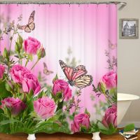 【CW】✙♞♘  Flowers Shower Curtain Fabric Polyester Washable Set