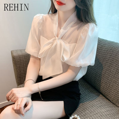 REHIN เสื้อผู้หญิงใหม่แฟชั่นสไตล์เกาหลีแขนสั้น,เสื้อผู้หญิงแขนสั้นผ้าซาตินอเนกประสงค์สำหรับฤดูร้อน