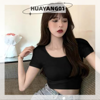 HUAYANG01เสื้อยืดฤดูร้อนแขนสั้นผู้หญิง,คอกลมสุดเซ็กซี่สีทึบสลิมครอป