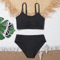 【LZ】■▥  Meninas sólido texturizado bikini maiô crianças 7-14 anos de duas peças roupa de banho infantil acolchoado adolescente verão beachwear