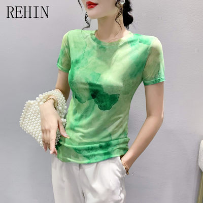 REHIN เสื้อยืดผู้หญิงฤดูร้อนแฟชั่นใหม่สีเขียวตาข่ายสีเขียวเสื้อยืดแขนดอกไม้พิมพ์สั้นคอกลมบางสง่างามเสื้อกล้ามทันสมัย