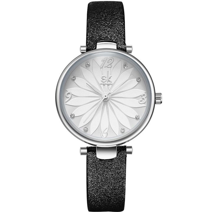 นาฬิกาข้อมือควอตซ์อนาล็อกผู้หญิงหน้าปัดดอกไม้นาฬิกาหนังนาฬิกาลำลองผู้หญิง