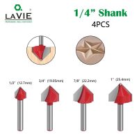 LAVIE 4pc 1/4 ก้าน 90 V Type Slotting Cutter แกะสลักเครื่องมือเซาะร่องเครื่องมือเราเตอร์ชุดบิตความปลอดภัยเครื่องตัดมิลลิ่ง