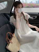 French small white fly sleeve dress female tender wind sweet summer loose veil seaside holiday beach long skirt