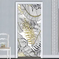 PVC Self-Adhesive Waterproof Wallpaper 3D Tropical Plant Golden Line Door Sticker Living Room Bedroom Home Decal Art 3D Stickers