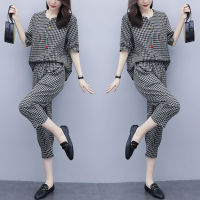 Summer Womens 2Pcs Plaid V-neck Blouse+Pants Office Lady Two Pieces Set Casual Fashion Tops And Ankle-length Trousers Sets