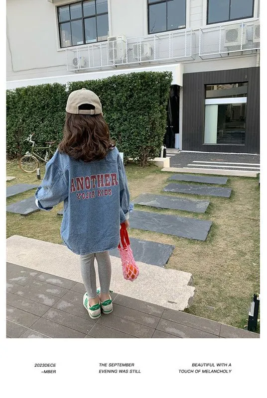 Denim shirt girl spring autumn new Korean fashion mid-length shirt middle  and small children's loose casual shirt top