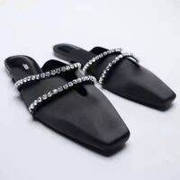 Spanish Za/raˉnew womens shoes U-shaped low-heeled sandals and slippers brightly decorated with black square toe fashionable all-match slippers