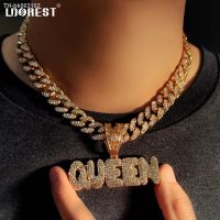 ◇ Iced Out Bling QUEEN Letter Pendant Necklace for Women Men 13mm Miami Cuban Link Chain Necklace Male HipHop Rock Fashion Jewelry