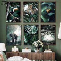 Jungle Forest Picture Lion Tiger Elephant Leopard Prints Poster Animal Flower Leaves Canvas Painting Home Decor Wall Art Wall Décor