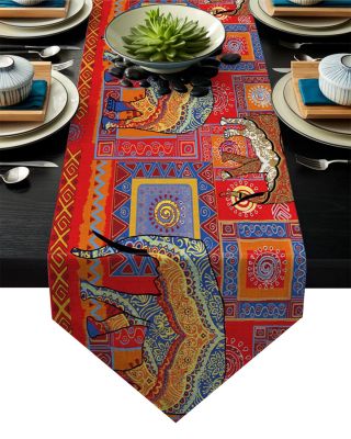 【LZ】☸✇◑  Africa Indian Elephant Cotton Linen Table Runner for Family Dinner Wedding Party Holiday Farmhouse Thanksgiving Christmas