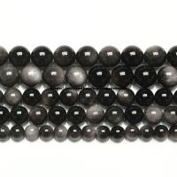 Natural Stone Silver Color Obsidian Round Loose Beads 15" Strand 4 6 8 10 12 14MM Pick Size For Jewelry Making Beads