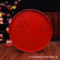 [Free ship] wooden round wedding tea tray red hi plate candy bride toast