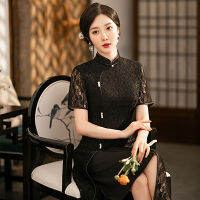 2022ฤดูร้อนกลางความยาวสีดำแขนสั้นลูกไม้ที่ดีขึ้น Cheongsam สไตล์จีนดั้งเดิมกลวง Ao Dai Qipao ชุดสำหรับผู้หญิง