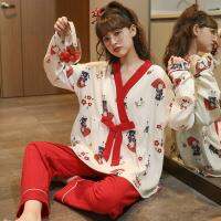 2021 New Autumn Winter Womens Home Clothes Cotton Korean Kawaii Pajamas Set Cartton Printed Sleepwear Full Length Japan Pijamas