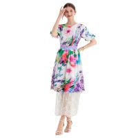 Womens Autumn New Dress Summer New Lace Stitching Printing Short-Sleeved Dress Womens Slimming A- line Dress