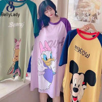 Women Milk Silk Cartoon Print Nightdress Round Neck Short Sleeve Pajamas Loose Homewear Nightgown Shirt Casual Sleepdress【fast】