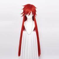 Kuroshitsuji Black Butler Grell Sutcliff Red Long Straight Heat Resistant Synthetic Hair Cosplay Wig With Skull Chain Glasses Wig  Hair Extensions Pad