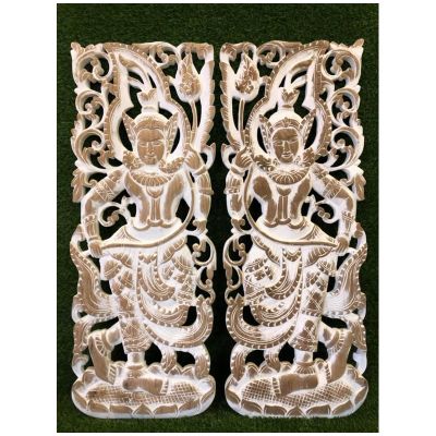 (1คู่) ไม้สักแกะสลักเทพพนม ขนาด 90x35 หนา 3 ซม. Rustic Wooden Carved Kinnaree Thepphanom White Wash ไม้สักฉลุลายเทวดา สีขาวขัด ไม้สักแต่งบ้าน งานไม้วินเทจ สปาโรงแรม
