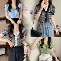 Cute G Store? เสื้อแขนสั้น คาร์ดิแกนถักคอวี กระดุมหน้า Houndstooth