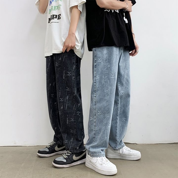 suikone-กางเกงยีนส์-กางเกงยีนส์ผู้ชายฤดูใบไม้ผลิและฤดูใบไม้ร่วงใหม่กางเกงพิมพ์เกาหลีแนวโน้มกางเกงหลวมสบายๆ