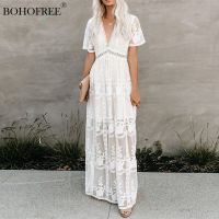 Boho ชุดเดรสแม็กซี่ผู้หญิง,เสื้อคลุมตัวยาวลูกไม้สีขาวปักลายชุดเดรสว่ายน้ำวันหยุดฤดูร้อน2022ฤดูร้อน