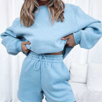 Women Solid Tracksuits Casual Long Sleeve Pullover Sweatshirt And Drawstring Shorts Suits Fashion Loose Female Two Piece Sets