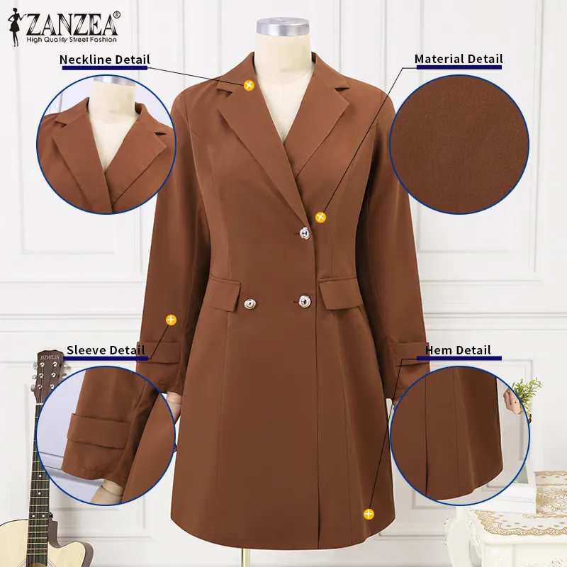 ZANZEA Korean Style Women's Blazer Formal Office Collect Waist Long Sleeve  V-Neck Solid Winter Suit Jacket #11