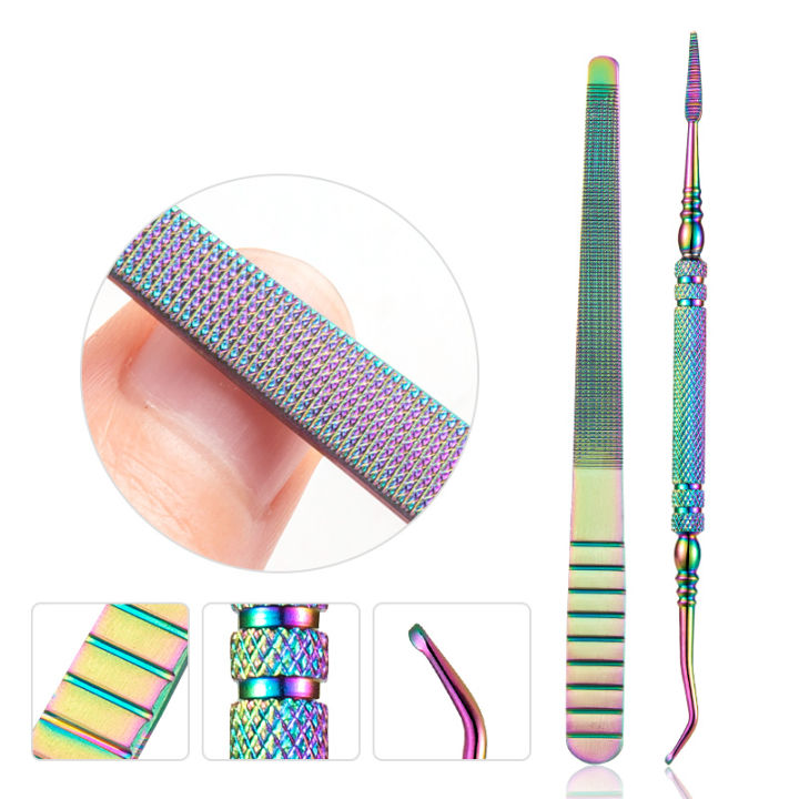lusluking-11-style-rainbow-stainless-steel-nail-cuticle-pusher-tweezer-nail-art-files-uv-gel-polish-remove-manicure-care-groove-clean-tool