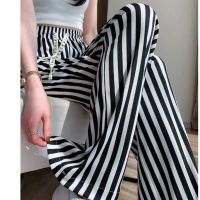 COD DSFERTGERRYYY 2022 Summer Thin Style Black White Vertical Stripes Straight Ice Silk Wide-Leg Pants Women Loose Fashion Elastic Waist Sports Casual