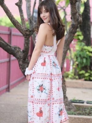 P0015-073 PIMNADACLOSET - Apron Roses Heart Flare Maxi Dress