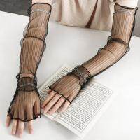 RICO น่ารักดี เรียบหรู นานจัง ตาข่าย ถุงมือ fingerless ที่คลุมแขน ป้องกันแสงแดด ใบบัว สไตล์เกาหลี ลูกไม้แขนยาว ผู้หญิงแขนแขน ถุงมือลูกไม้