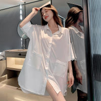 Ao Dai Sleepwear ผู้หญิงฤดูร้อนแขนสั้นบวกขนาดปานกลางยาวหลวมพอดีเซ็กซี่แฟนลมเสื้อนอนกระโปรงเกาหลีผู้หญิงนอนกระโปรง