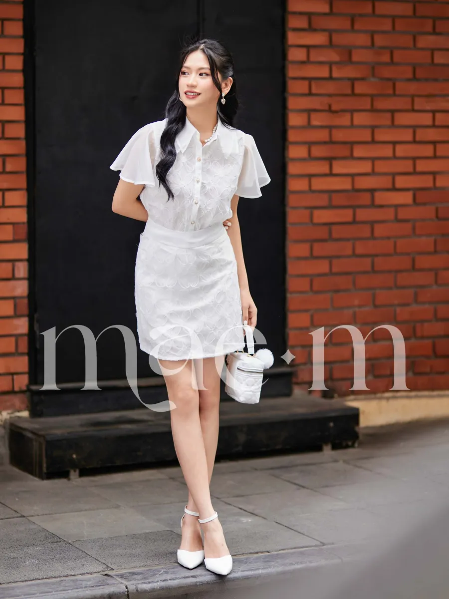 Set đầm trắng váy công sở Mae M Áo sơ mi chân váy ren hoa | Lazada.vn