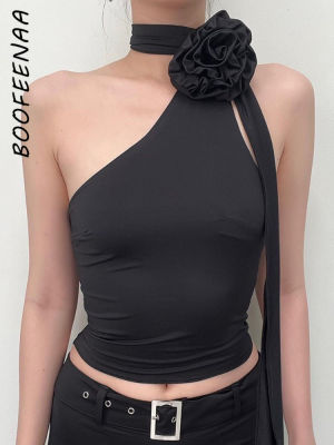 BOOFEENAA เสื้อครอปแนวโน้มผลิตภัณฑ์ Y2k 90เสื้อลายไม่สมมาตรดอกไม้ผ้าเสื้อคล้องคอสีดำสวยงาม C69-BD13 2023ชิ้น