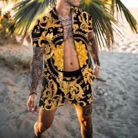 New Fashion Mens Seaside Beach Shirt Suit Spliced Printed Short Sleeve Lapel Button Up Shirt and Beach Shorts Mens 2-Piece Set