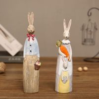 Wooden Rabbit Statue Wood Animals Sculpture Antique Easter Party Supplies Crafts Vintage Wood Carving Couple Rabbit Home Decor