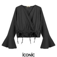 iCONiC BLACK V CURTAIN TOP #6954 เสื้อผญ ผ้าไหม สีดำ คอป้าย รูดเอว อก36" ยาว17" เสื้อแฟชั่น เสื้อแฟชั่นผญ เสื้อออกงาน เสื้อทำงาน เสื้อไฮโซ