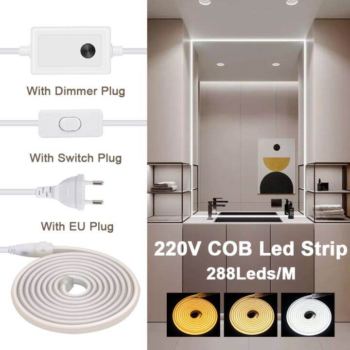 Waterproof COB LED Strip 220V With Dimmable Dimmer 20M 30M 50M 288Leds