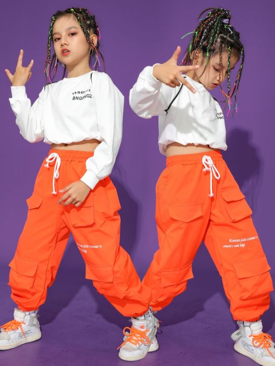 2023-kids-jazz-dance-costume-girls-crop-tops-orange-cargo-pants-hip-hop-clothes-modern-dance-performance-suit-kpop-outfit-bl9901
