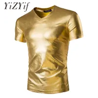 ผู้ชาย Glossy Metallic เสื้อยืดไนท์คลับชุดเสื้อทอง Slim Fit แฟชั่นผู้ชายเสื้อแขนสั้นสำหรับ Disco Party Club Stage เครื่องแต่งกาย