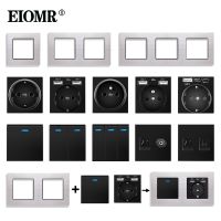 ๑▦ EIOMR EU FR Standard Switch Socket Black Parts Stainless Steel Panel USB Type-C TV RJ45 Wall Switch Parts Module DIY Combination