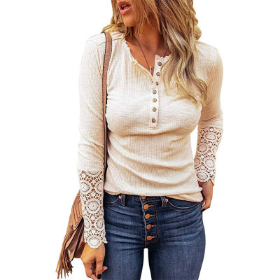 Autumn Lace Hollow Out Solid Woman Top Tee Buttons O-Neck Long Sleeve T Shirts Sexy Fashion Knitted Slim Fall New Casual Female