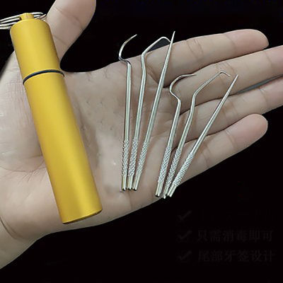 6Pcs Holder Traveling Dental Picnic Camping Picks Tooth Kit With Scraper Cleaning Portable Reusable Stainless