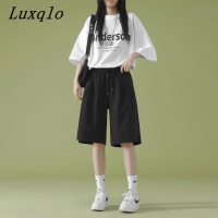 Luxqlo ฉบับภาษาเกาหลีกางเกงกีฬานักเรียนสีดำ,กางเกงขาสั้นเอวสูงรัดรูปทรงหลวมลำลอง