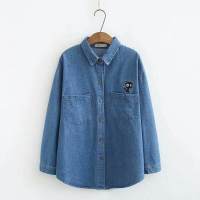 HOT”【มีไซส์ใหญ่】Plus Size XL-4XL Womens Blouse Long Sleeved Cat Embroidery Denim Blusas Workwear OL Tops