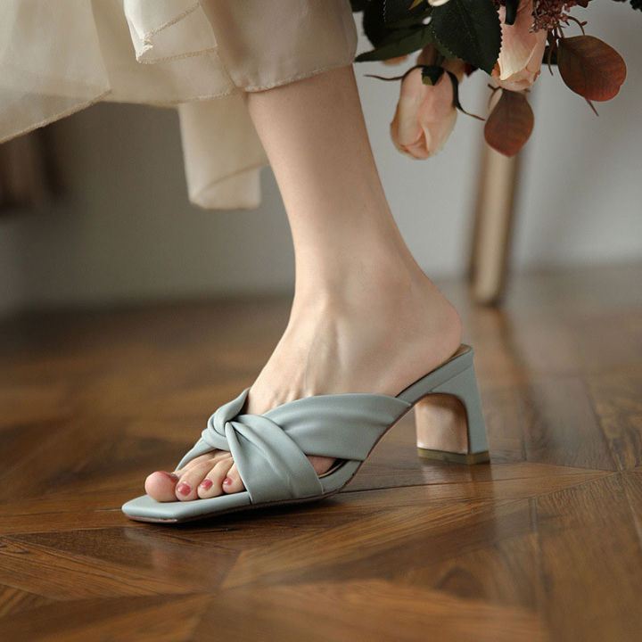 renben-รองเท้าลากครึ่งผู้หญิง-รองเท้าส้นกลางสีม่วงรองเท้าหนังนิ่มหัวสี่เหลี่ยมส้นหนารองเท้าผู้หญิง